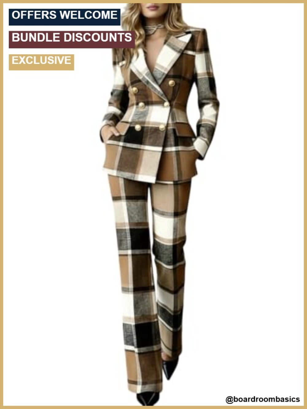Women's Plaid Pant Suit Double Breasted Blazer 2 Piece Outfit